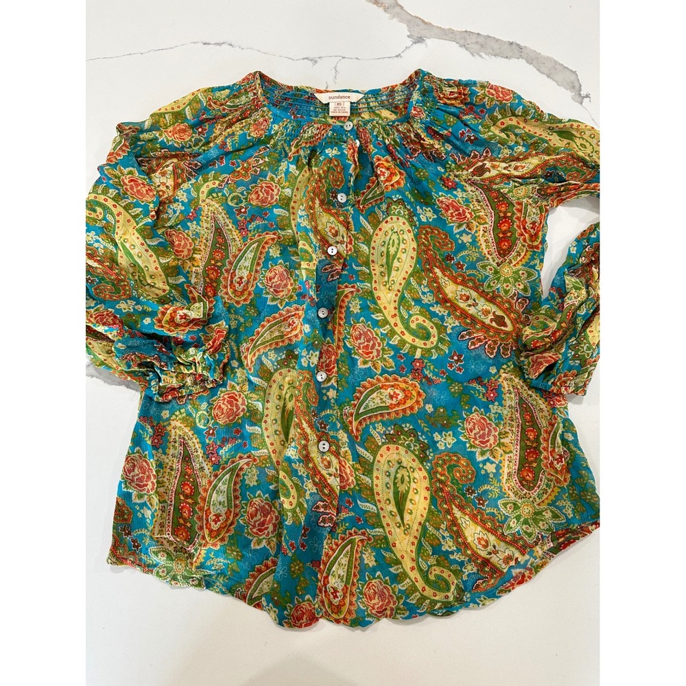 Sundance Womens XS Silk Blouse Teal Blue Paisley Floral Button Front Smocked Top